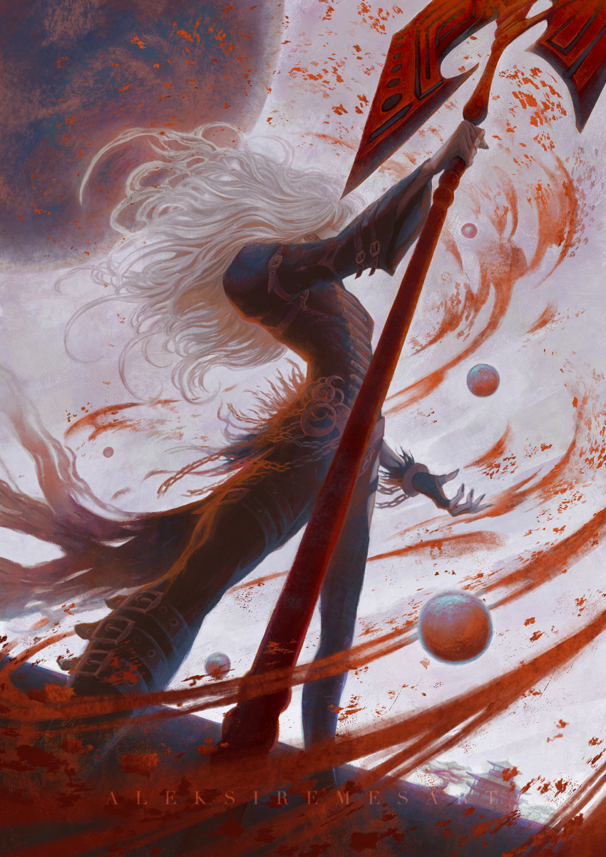 1boy, aleksi_remes, artist_name, asura_(samurai_spirits), axe, black_nails, chain, commentary