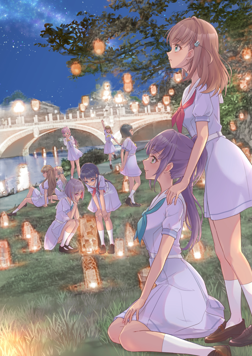 6+girls, absurdres, anyoji_hime, aqua_eyes, aqua_neckerchief, arm_up, arms_behind_back, bent_over, black_hair, black_shoes, blonde_hair, blue_dress, blue_hair, blunt_bangs, blunt_ends, bob_cut, breasts, bridge, brown_hair, brown_shoes, closed_mouth, colored_inner_hair, commentary_request, dress, frown, fujishima_megumi, full_body, genyo_yako, gradient_hair, green_eyes, grey_hair, hair_ornament, hands_clasped_in_delight, hands_on_another's_shoulders, hands_on_own_knees, hasu_no_sora_school_uniform, highres, hinoshita_kaho, inverted_bob, kachimachi_kosuzu, kobassy, lantern, link!_like!_love_live!, loafers, long_hair, looking_up, love_live!, medium_breasts, medium_dress, medium_hair, momose_ginko, multi-tied_hair, multicolored_hair, multiple_girls, murano_sayaka, neckerchief, night, on_grass, on_ground, open_hand, osawa_rurino, otomune_kozue, outdoors, own_hands_clasped, own_hands_together, partial_commentary, photo_background, pink_hair, pleated_dress, ponytail, profile, puffy_short_sleeves, puffy_sleeves, purple_hair, rabbit_hair_ornament, red_hair, red_neckerchief, sailor_collar, sailor_dress, school_uniform, shoes, short_hair, short_sleeves, side_ponytail, sitting, smile, socks, squatting, standing, stargazing, summer_uniform, tree, twintails, two_side_up, virtual_youtuber, white_sailor_collar, white_socks, yellow_neckerchief, yokozuwari, yugiri_tsuzuri