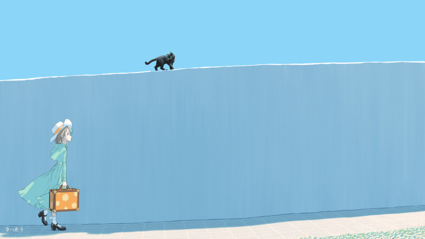 1girl, aqua_capelet, aqua_dress, artist_name, black_cat, black_shoes, bob_cut, cat