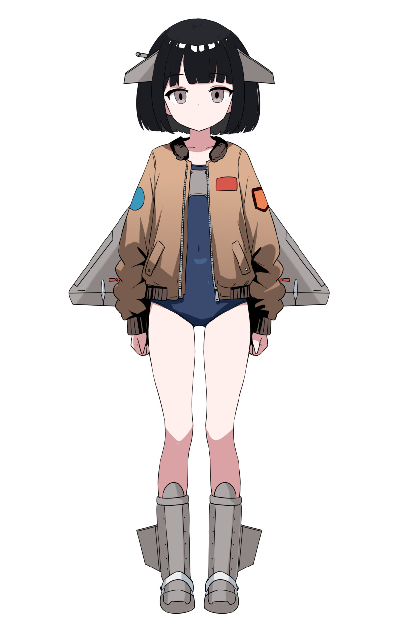 1girl, absurdres, aircraft, airplane, black_hair, blue_one-piece_swimsuit, chengdu_j-10, expressionless, fighter_jet, full_body, grey_eyes, highres, horns, jacket, mecha_musume, mechanical_horns, mechanical_wings, military_vehicle, one-piece_swimsuit, open_clothes, open_jacket, original, patch, personification, short_hair, shoulder_patch, simple_background, solo, standing, swimsuit, white_background, wings, wucandan_de_gangtanke