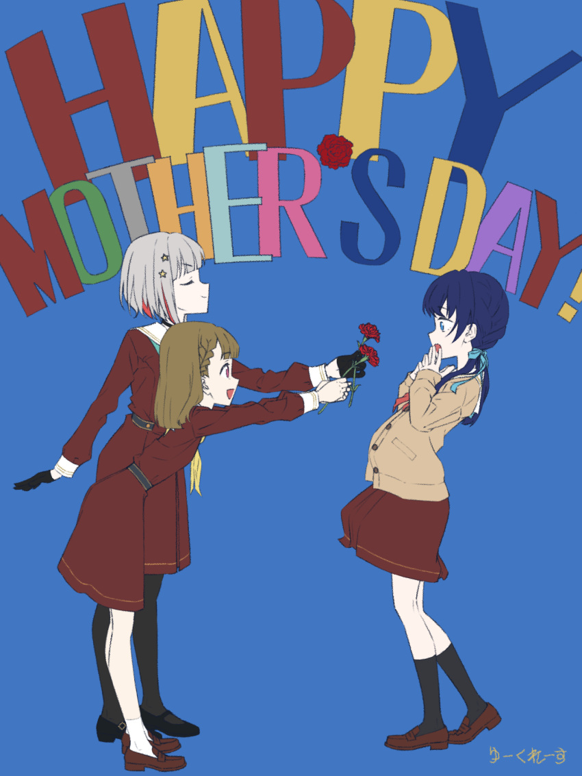 3girls, :d, aqua_neckerchief, artist_name, black_choker, black_pantyhose, black_shoes, black_socks