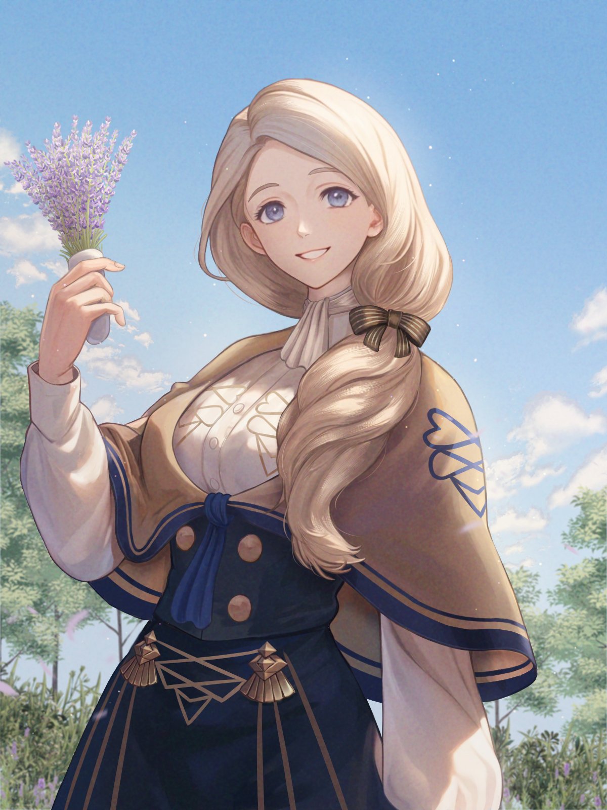 1girl, blonde_hair, blue_eyes, bow, breasts, fire_emblem, fire_emblem:_three_houses, flower