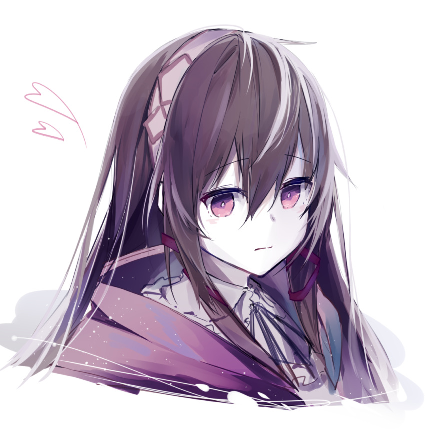 1girl, bright_pupils, brown_hair, closed_mouth, elena_wyllt_(grimms_notes), grimms_notes, hairband, heart, iumi_urura, jacket, long_hair, looking_at_viewer, messy_hair, red_eyes, red_jacket, shirt, simple_background, solo, upper_body, white_background, white_pupils, white_shirt