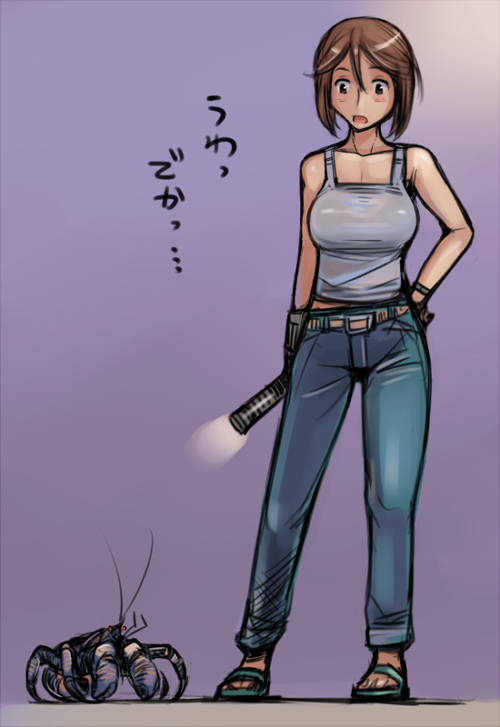 brown_eyes, brown_hair, casual, coconut_crab, crab, denim, flashlight, gloves, hand_on_hip, hips, jeans, rozen_maiden, rozenweapon, short_hair, souseiseki, tank_top, translated