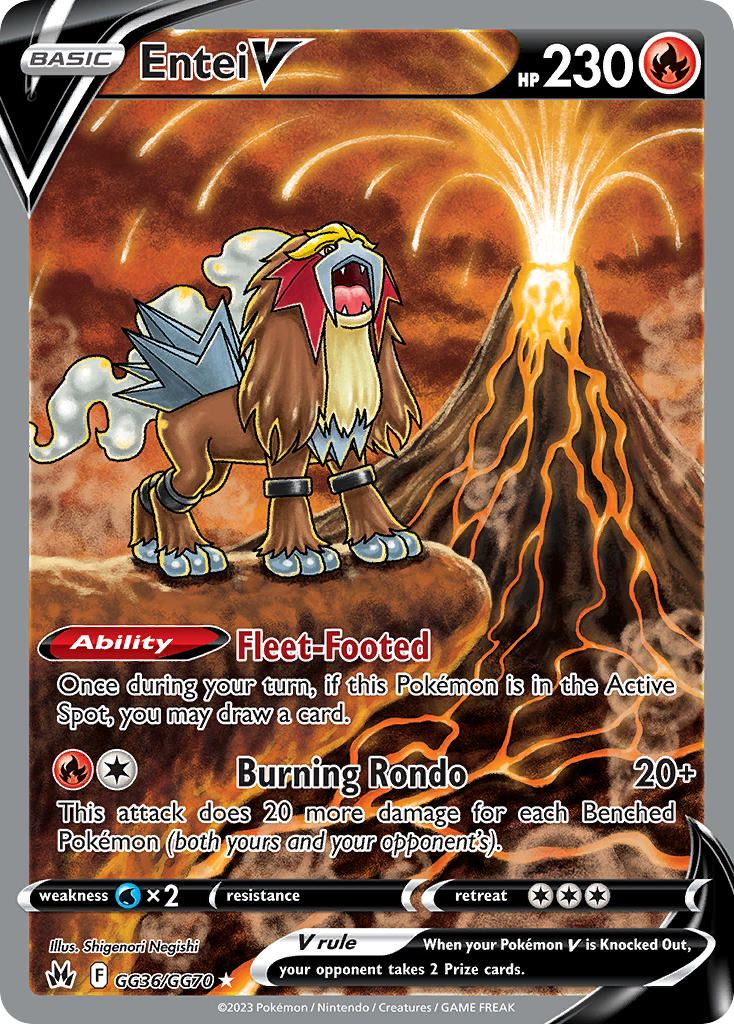 animal_focus, artist_name, card_(medium), character_name, company_name, copyright_name, copyright_notice, english_text, entei, eruption, fangs, full_body, lava, negishi_shigenori, no_humans, official_art, open_mouth, pokemon, pokemon_(creature), pokemon_card, pokemon_focus, pokemon_tcg, smoke, solo, third-party_source, trading_card, volcano