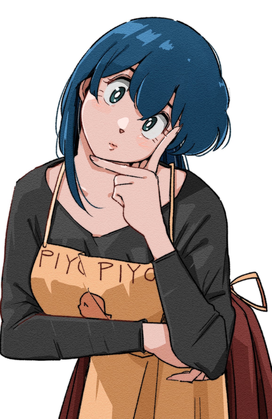 apron, black_dress, blue_eyes, blue_hair, blush, chick_print, dress, highres