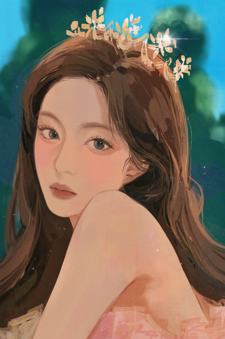 1girl, bare_shoulders, brown_hair, closed_mouth, commentary, crown, dress, feel_my_rhythm_(red_velvet), glint, hashtag-only_commentary, highres, irene_(red_velvet), k-pop, long_hair, looking_at_viewer, pink_dress, pink_lips, profile, real_life, realistic, red_velvet_(group), solo, symbol-only_commentary, yuanwei_shaoya
