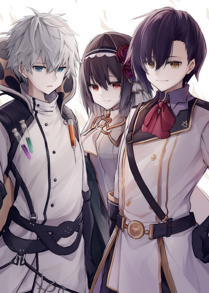 1girl, 2boys, absurdres, black_gloves, blue_eyes, breasts, brown_hair, buttons