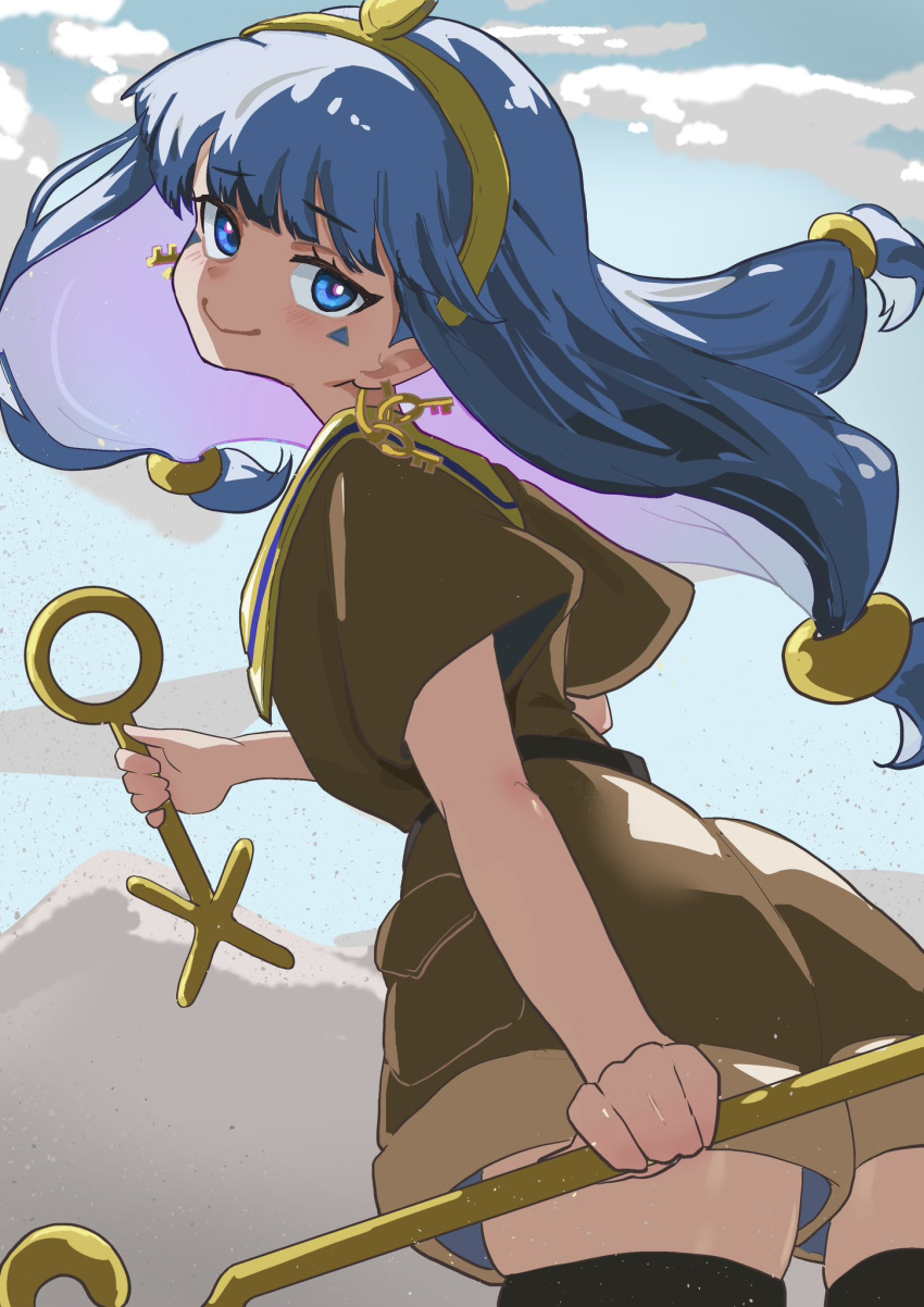 1girl, belt, black_thighhighs, blue_hair, brown_shirt, brown_shorts, collared_shirt, delta_delta