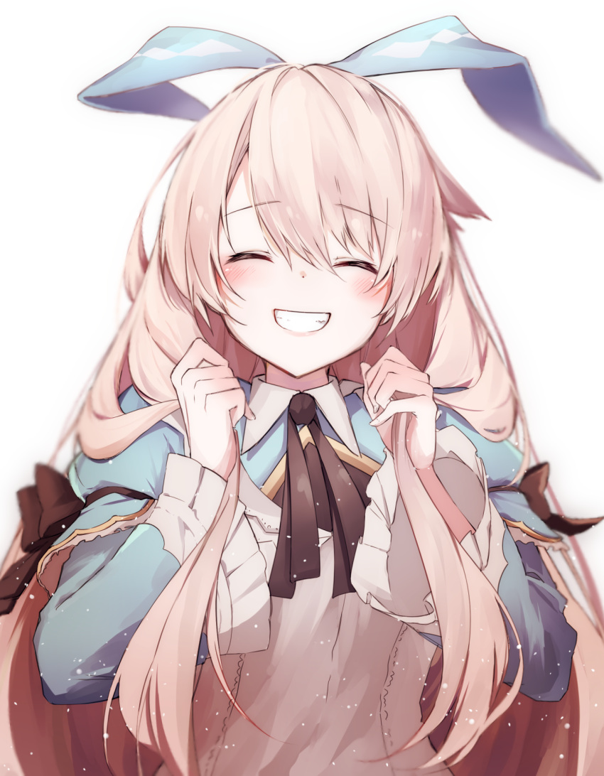 1girl, alice_(grimms_notes), alice_(repage)_(grimms_notes), apron, aqua_dress, blonde_hair, blush, closed_eyes, collar, dress, frilled_sleeves, frills, grabbing_own_hair, grimms_notes, grin, highres, iumi_urura, simple_background, smile, solo, teeth, upper_body, white_apron, white_background, white_collar, wide_sleeves