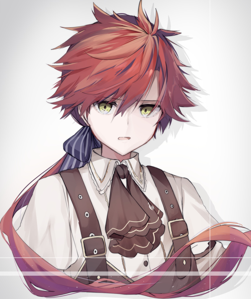 1boy, ascot, blue_ribbon, brown_ascot, brown_vest, charles_perrault_(grimms_notes), charles_perrault_(original)_(grimms_notes), collared_shirt, grimms_notes, hair_ribbon, highres, horizontal-striped_ribbon, iumi_urura, long_hair, looking_at_viewer, male_focus, open_mouth, ponytail, ribbon, shirt, simple_background, solo, upper_body, vest, white_background, white_shirt, yellow_eyes