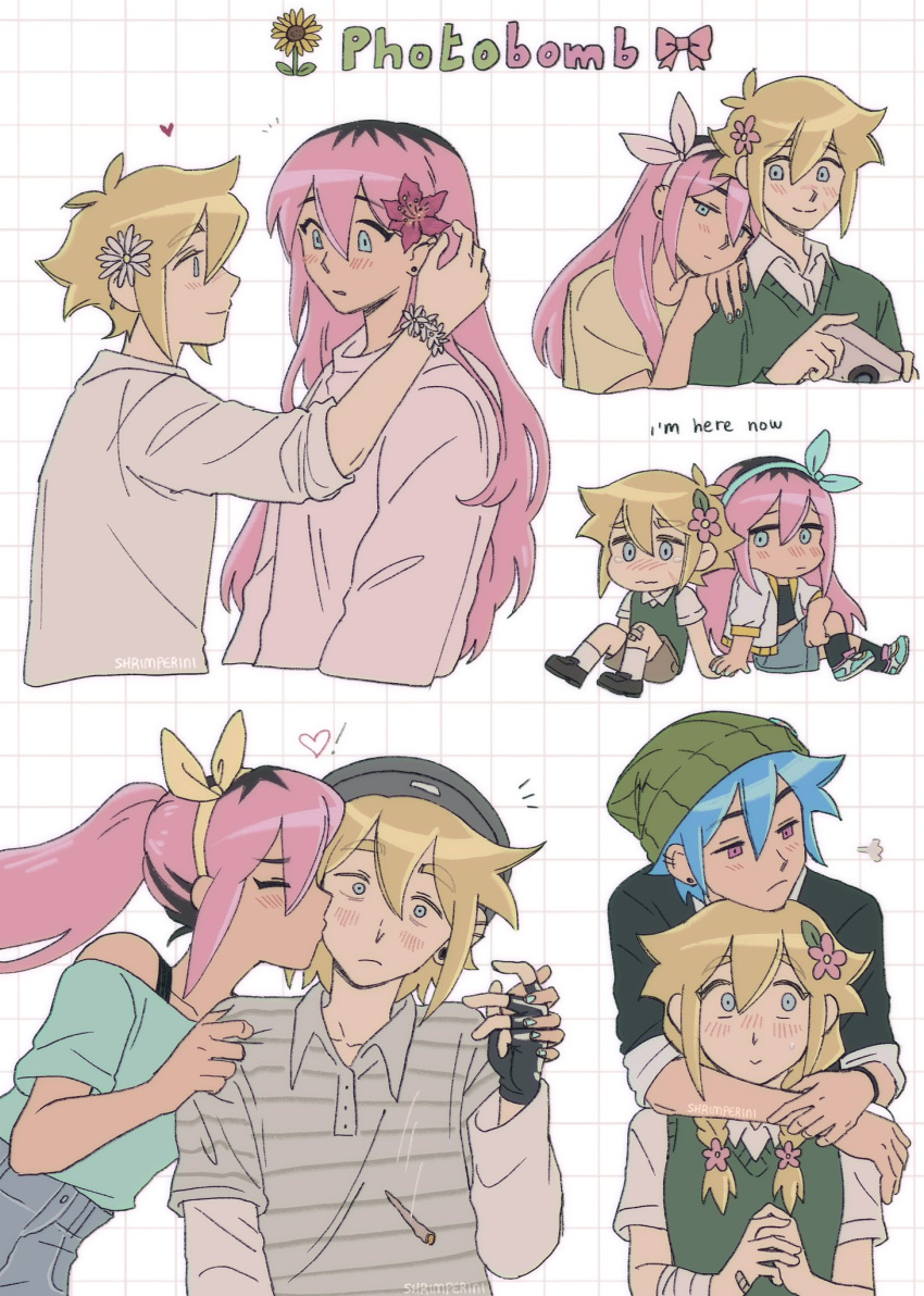 2boys, 2girls, ^_^, alternate_universe, antenna_hair, aqua_hairband, aqua_nails, aqua_shirt