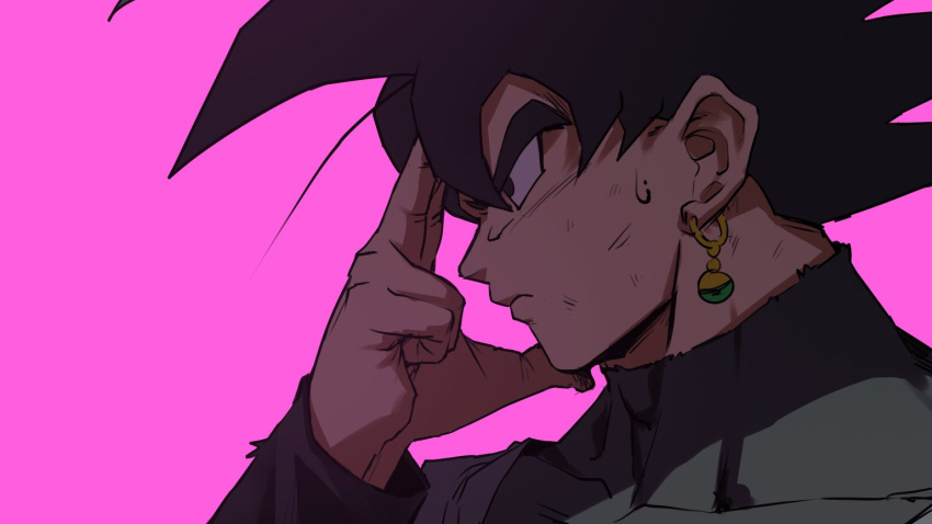 1boy, black_hair, black_shirt, dougi, dragon_ball, dragon_ball_super, earrings, finger_on_forehead