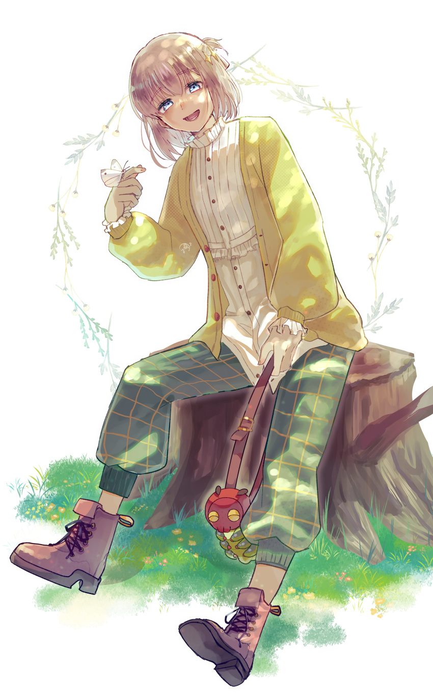 1boy, absurdres, blue_eyes, bug, butterfly, butterfly_on_hand, cardigan, caterpillar