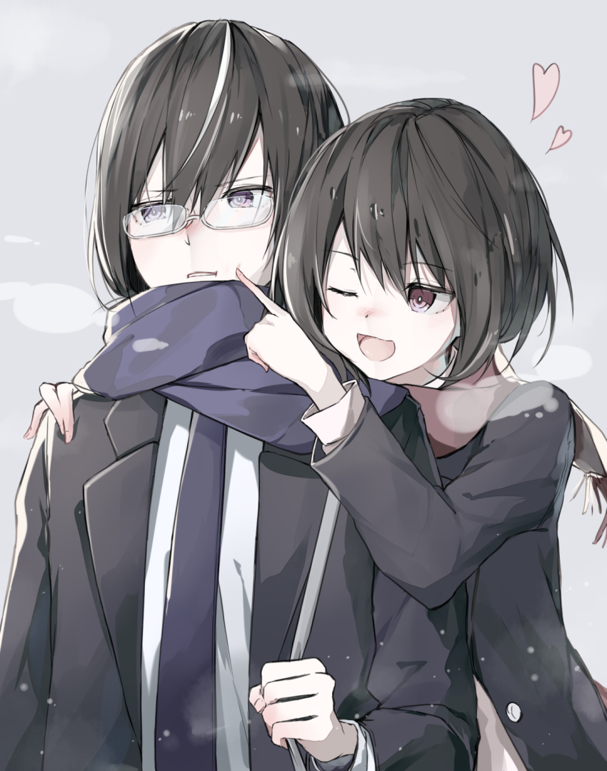 1boy, 1girl, ;d, alternate_costume, black_hair, black_jacket, blue_scarf, bright_pupils