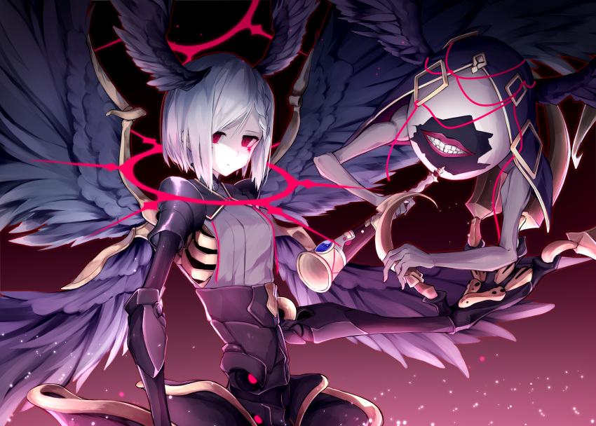 1girl, absurdres, blood, blood_from_eyes, braid, chaos_hecate_(grimms_notes), closed_mouth, colored_skin