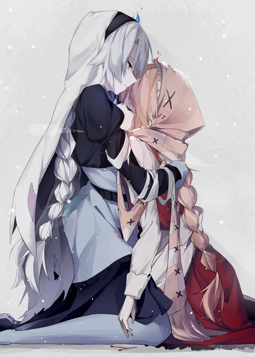 2girls, absurdres, apron, bandages_over_clothes, black_dress, braid, chaos_match_girl_(grimms_notes), closed_eyes