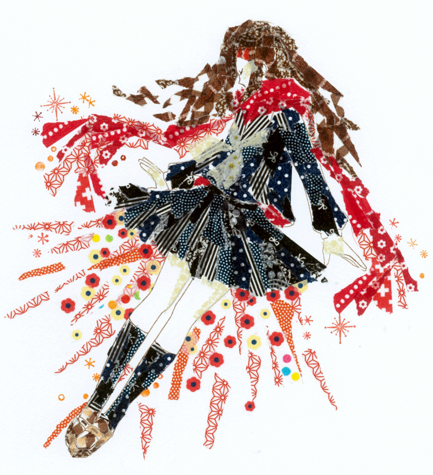 1girl, abstract, absurdres, black_serafuku, black_shirt, black_skirt, black_socks, brown_hair