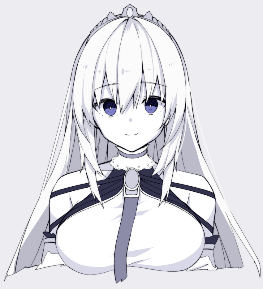 1girl, bare_shoulders, blue_eyes, breasts, bright_pupils, closed_mouth, grimms_notes, highres