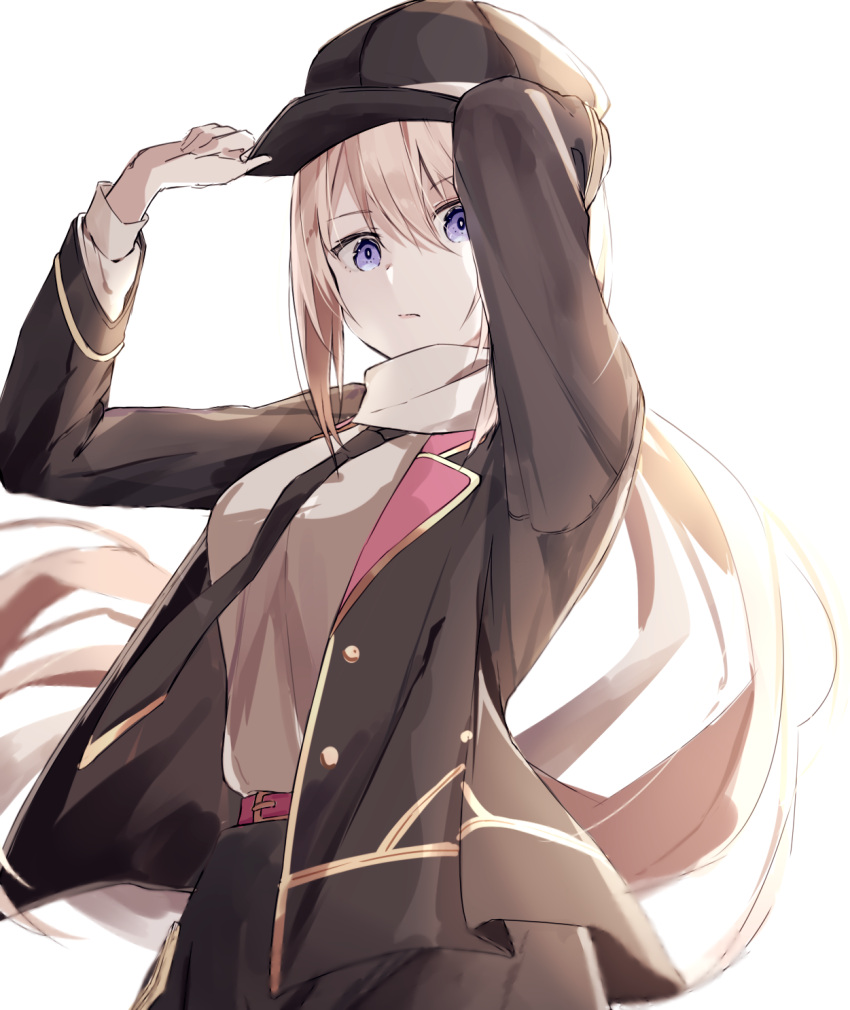 1girl, adjusting_clothes, adjusting_headwear, belt, black_hat, black_jacket, black_skirt, blonde_hair