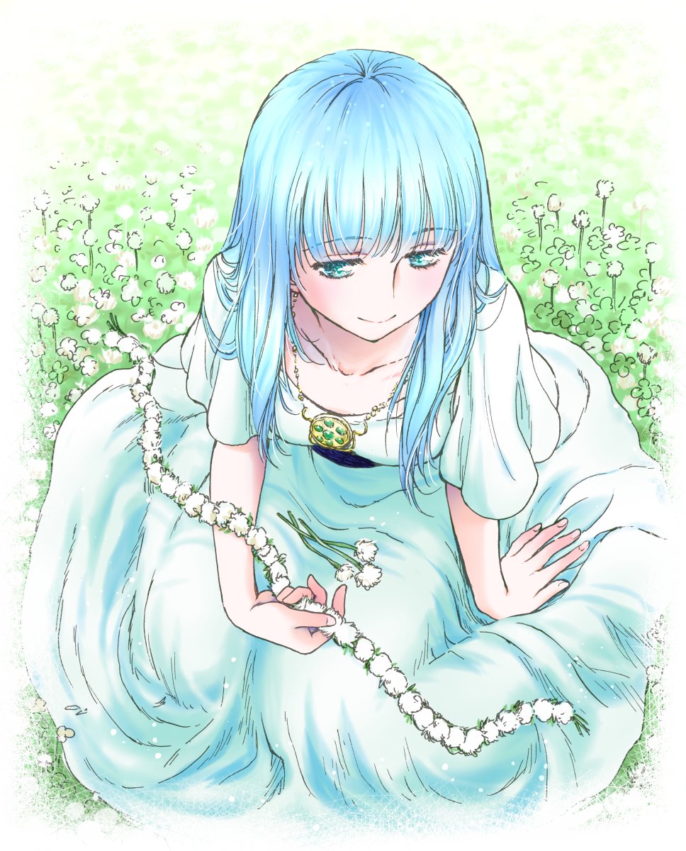 1girl, ancient_ys_vanished, aqua_eyes, blue_hair, border, clover, commentary_request, dress