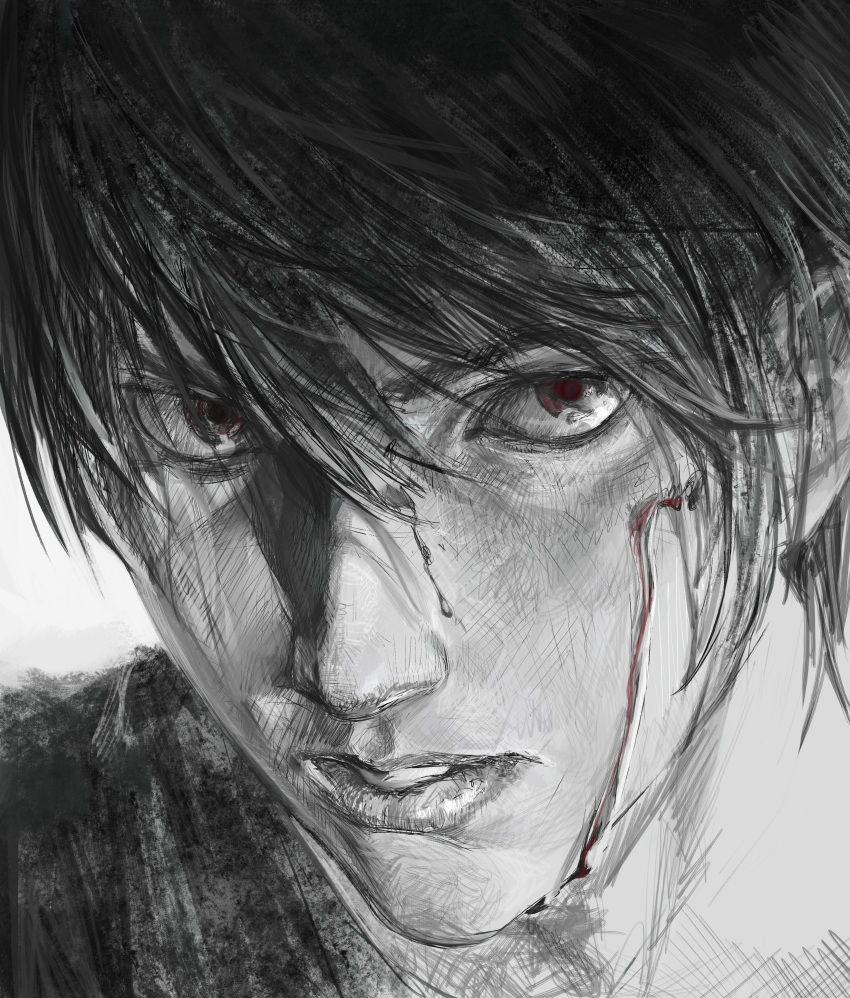 1boy, absurdres, blood, blood_on_face, death_note, fieroo, greyscale, hair_between_eyes, highres, lips, looking_at_viewer, male_focus, monochrome, red_eyes, shirt, short_hair, simple_background, solo, white_background, yagami_light