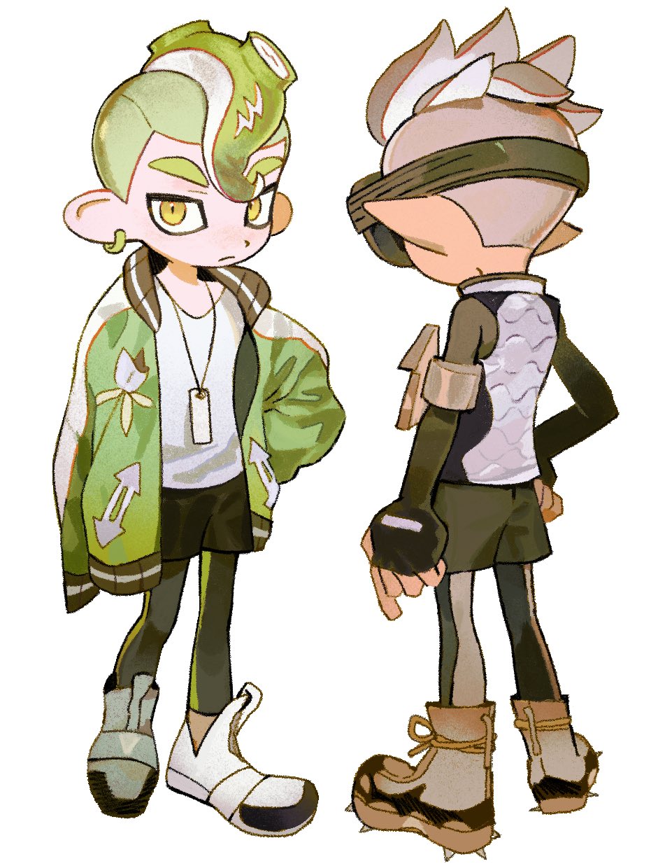 2boys, arm_at_side, bakori514_(h_akka), black_shorts, boots, closed_mouth, from_behind, full_body