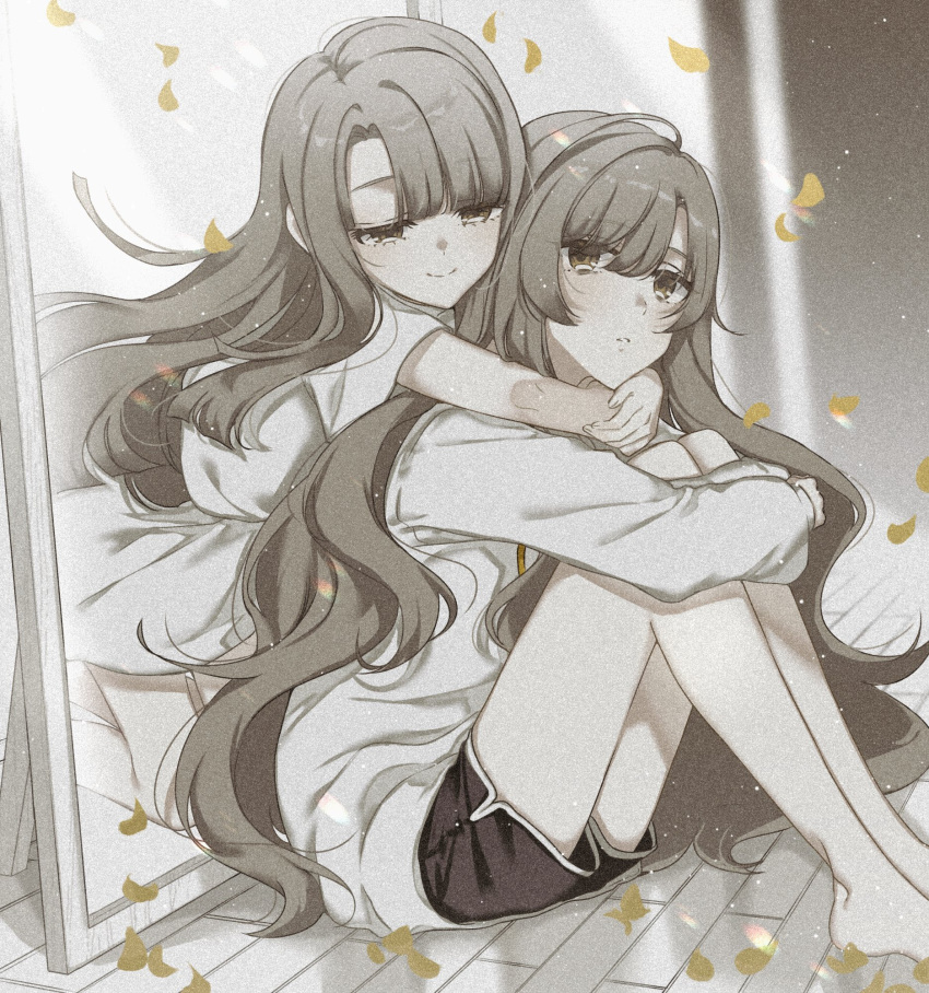2girls, bags_under_eyes, barefoot, black_shorts, commentary, dress, haruhana_aya, highres