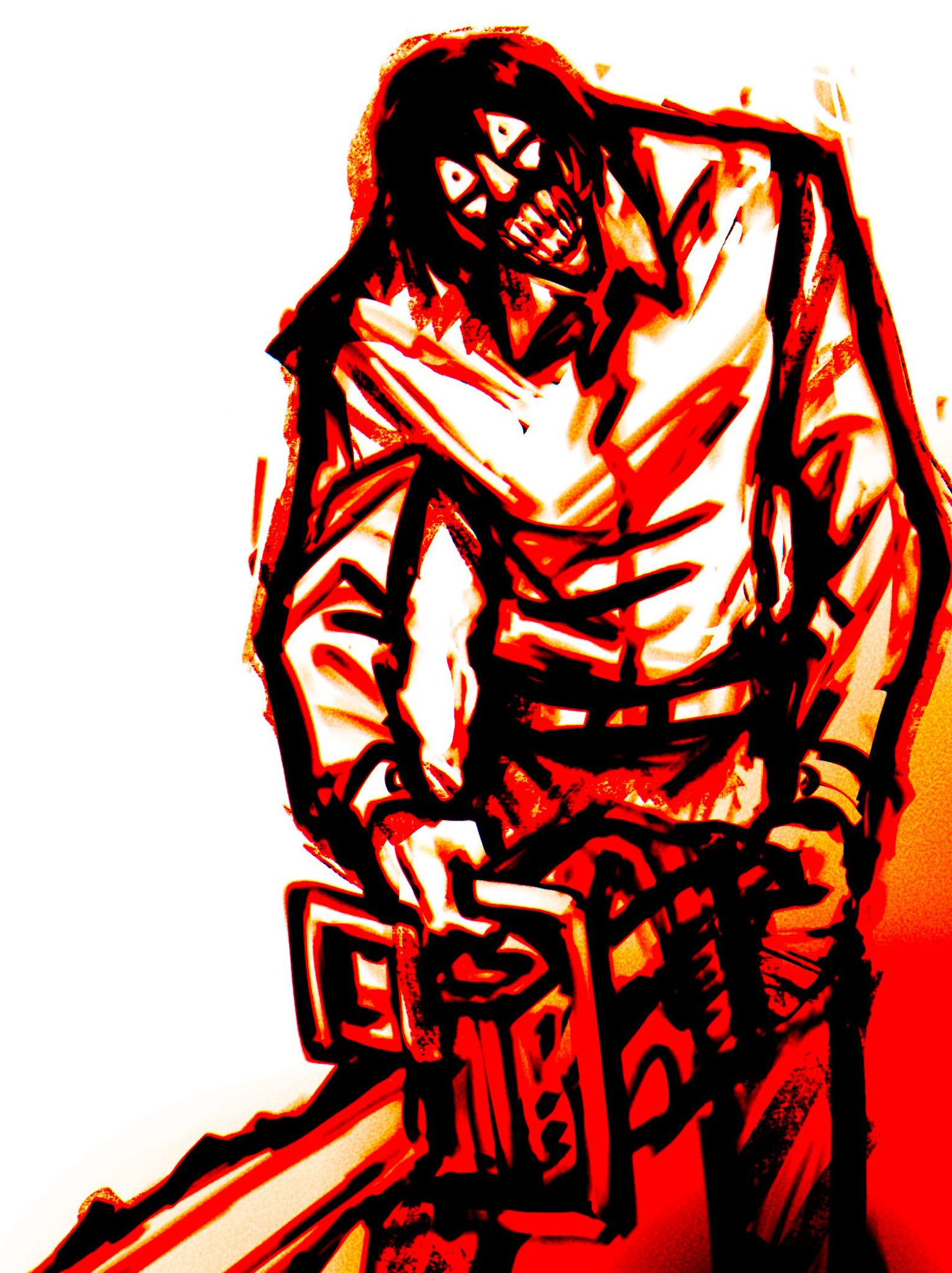 1boy, axe_luther, chainsaw, cowboy_shot, english_commentary, head_tilt, highres, holding