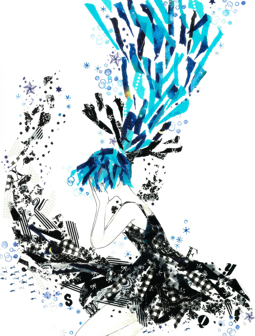 1girl, abstract, absurdres, bare_arms, bare_shoulders, black_dress, black_ribbon, blue_hair