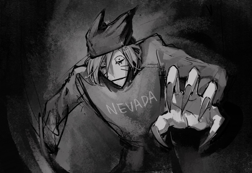1boy, animal_hat, cat_hat, english_commentary, facial_mark, fingernails, grey_background, greyscale