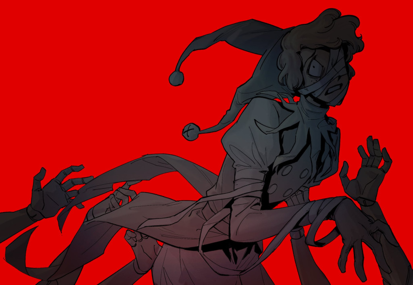 1boy, bandage_over_one_eye, coattails, disembodied_hand, doll_joints, english_commentary, freckles, hat