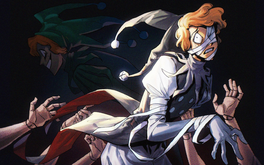 2boys, aged_up, bandage_over_one_eye, black_background, black_eyes, coattails, cowboy_shot, disembodied_hand