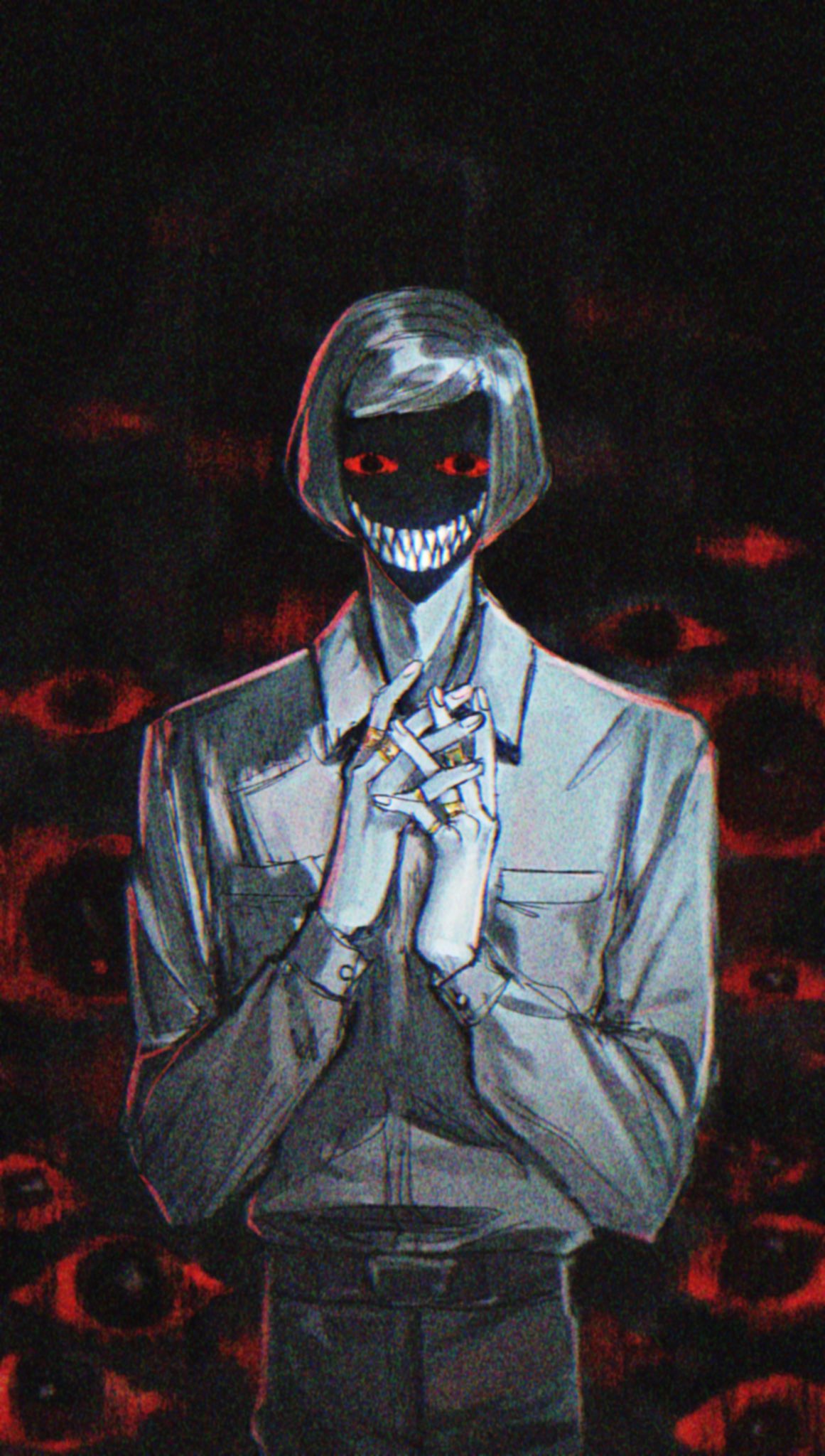 1boy, cowboy_shot, english_commentary, evil_grin, evil_smile, grey_background, grin, highres