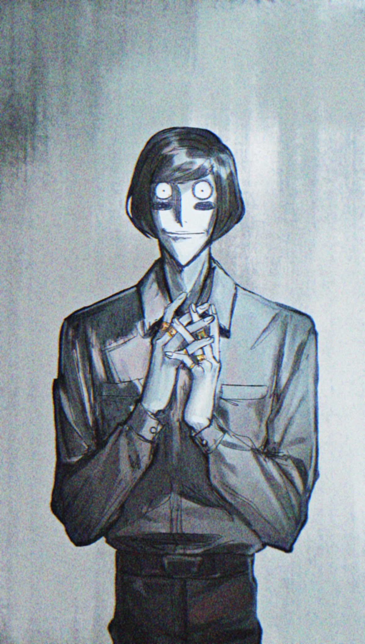 1boy, cowboy_shot, english_commentary, grey_background, highres, jewelry, looking_at_viewer, luther_von_ivory