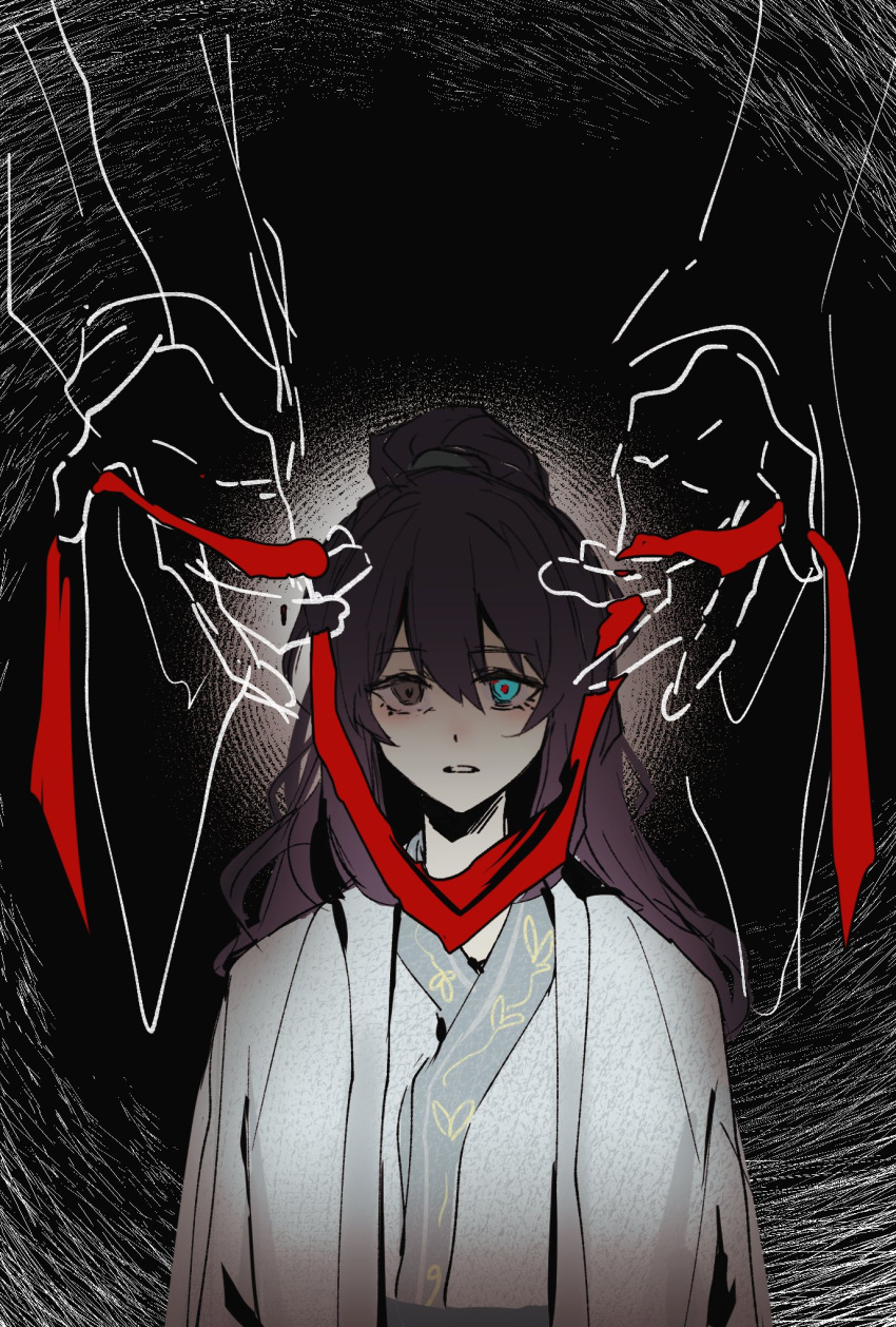1boy, aqua_eyes, blindfold, chinese_clothes, grey_eyes, hanfu, heterochromia, high_ponytail