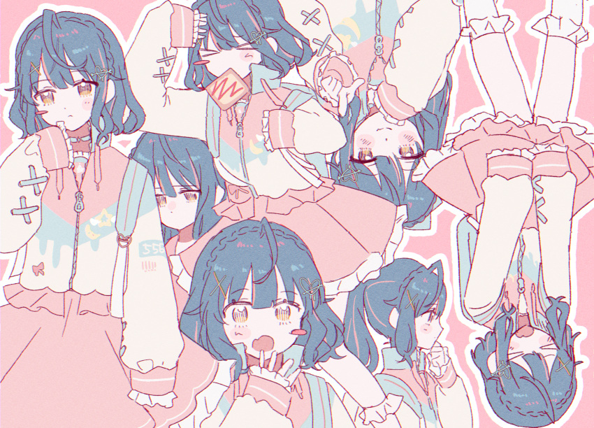 >_<, ahoge, amamiya_kokoro, amamiya_kokoro_(4th_costume), backpack, bag, blue_hair, blush_stickers