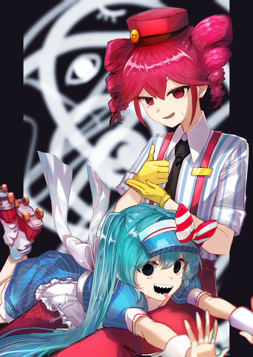 2girls, absurdres, alternate_costume, alternate_eye_color, ankle_socks, apron, aquact, back_bow