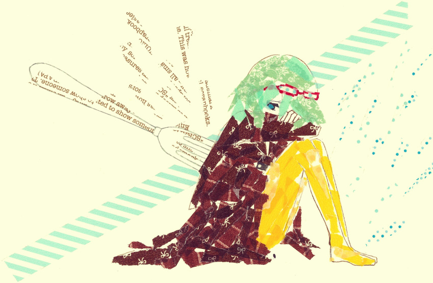1girl, abstract, arms_on_knees, blue_eyes, brown_coat, coat, commentary_request, crossed_arms