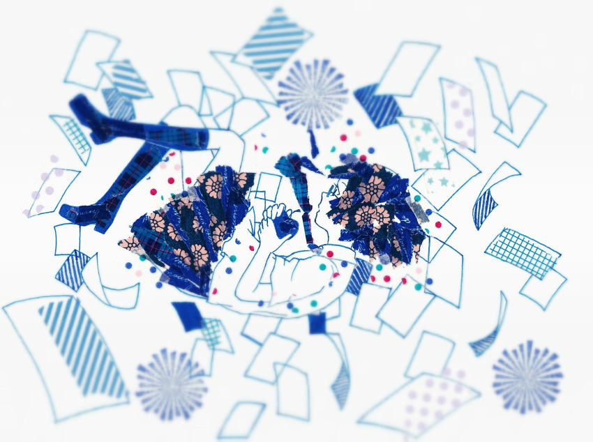 1girl, apple, blue_apple, blue_hair, blue_necktie, blue_skirt, blue_socks, blue_theme