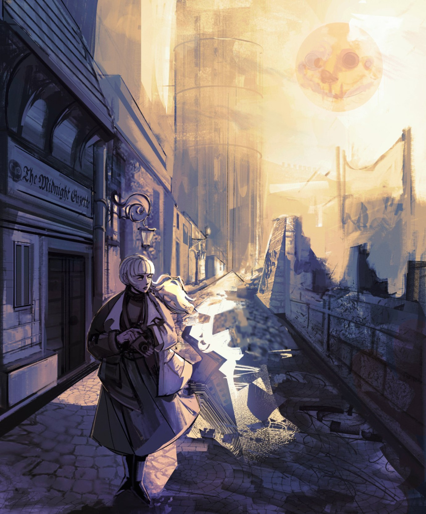 1girl, 7ggforp, blackletter, camera, cobblestone, commentary, english_commentary, fear_&amp;_hunger_(series)