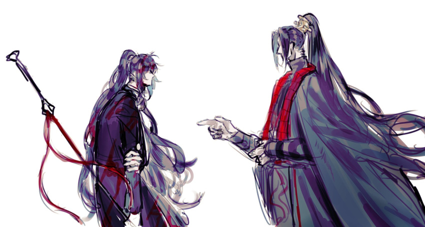 2boys, black_hair, black_hanfu, blood, blood_in_hair, blood_on_clothes, blood_on_weapon, chinese_clothes, faceless, hair_flowing_over, hair_ornament, hairpin, hanfu, high_collar, high_ponytail, highres, holding, holding_own_arm, holding_polearm, holding_weapon, hong_lu_(project_moon), jacket, jacket_on_shoulders, jia_qiu_(project_moon), labyrinth6868, limbus_company, long_hair, long_sleeves, looking_at_another, male_focus, multiple_boys, pointing, pointing_at_another, polearm, ponytail, project_moon, red_ribbon, red_scarf, red_trim, ribbon, scarf, sidelocks, sketch, slouching, stole, upper_body, very_long_hair, weapon, white_background