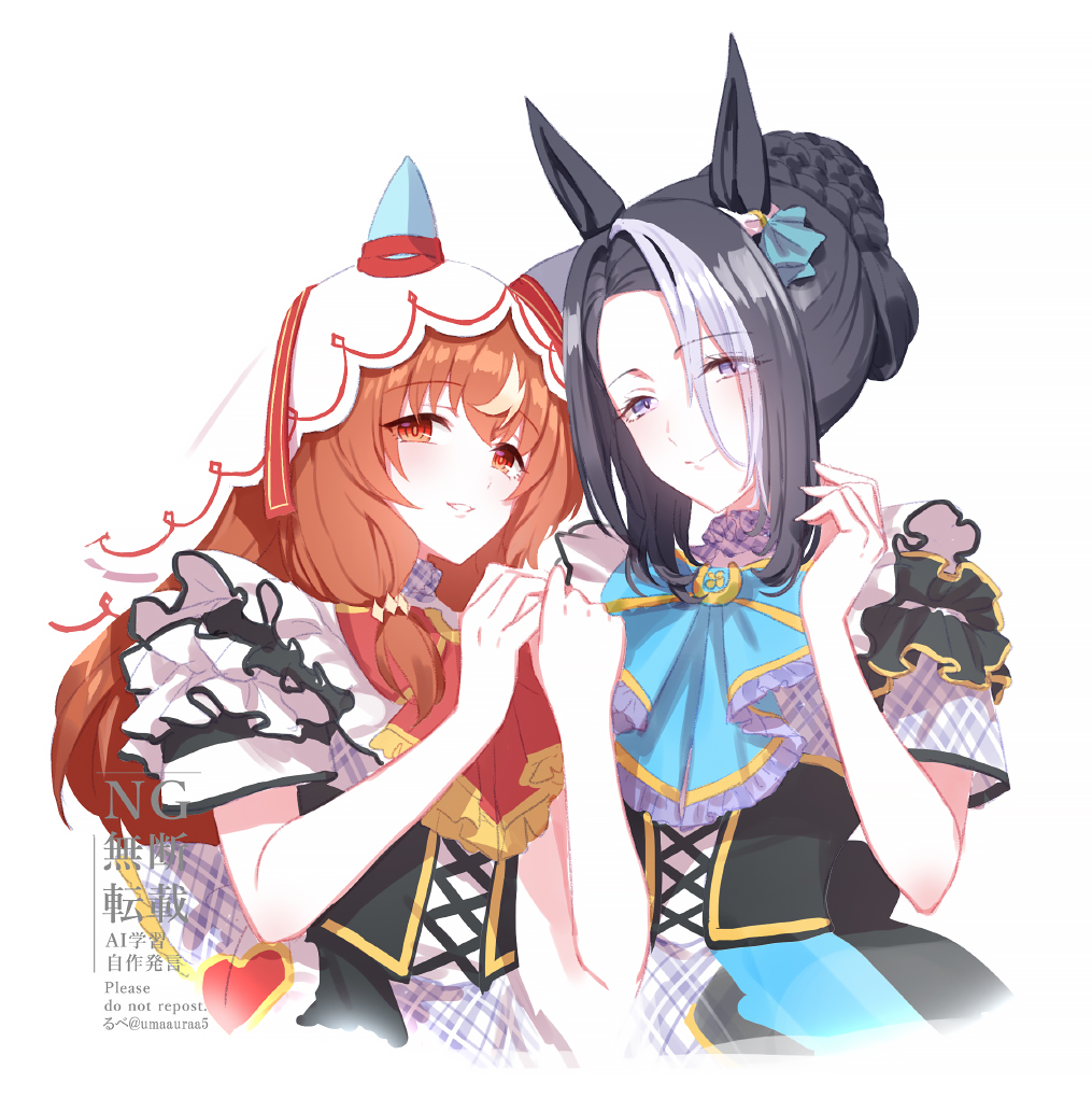 2girls, animal_ears, black_hair, bow, bowtie, braid, braided_bun, brown_hair