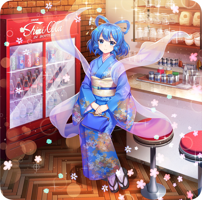 1girl, alternate_costume, bag, bar_stool, black_sandals, blue_bag, blue_eyes, blue_hair