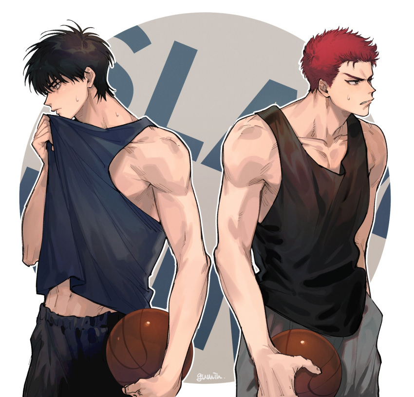 2boys, ball, bare_shoulders, basketball, black_hair, black_pants, black_tank_top, closed_mouth