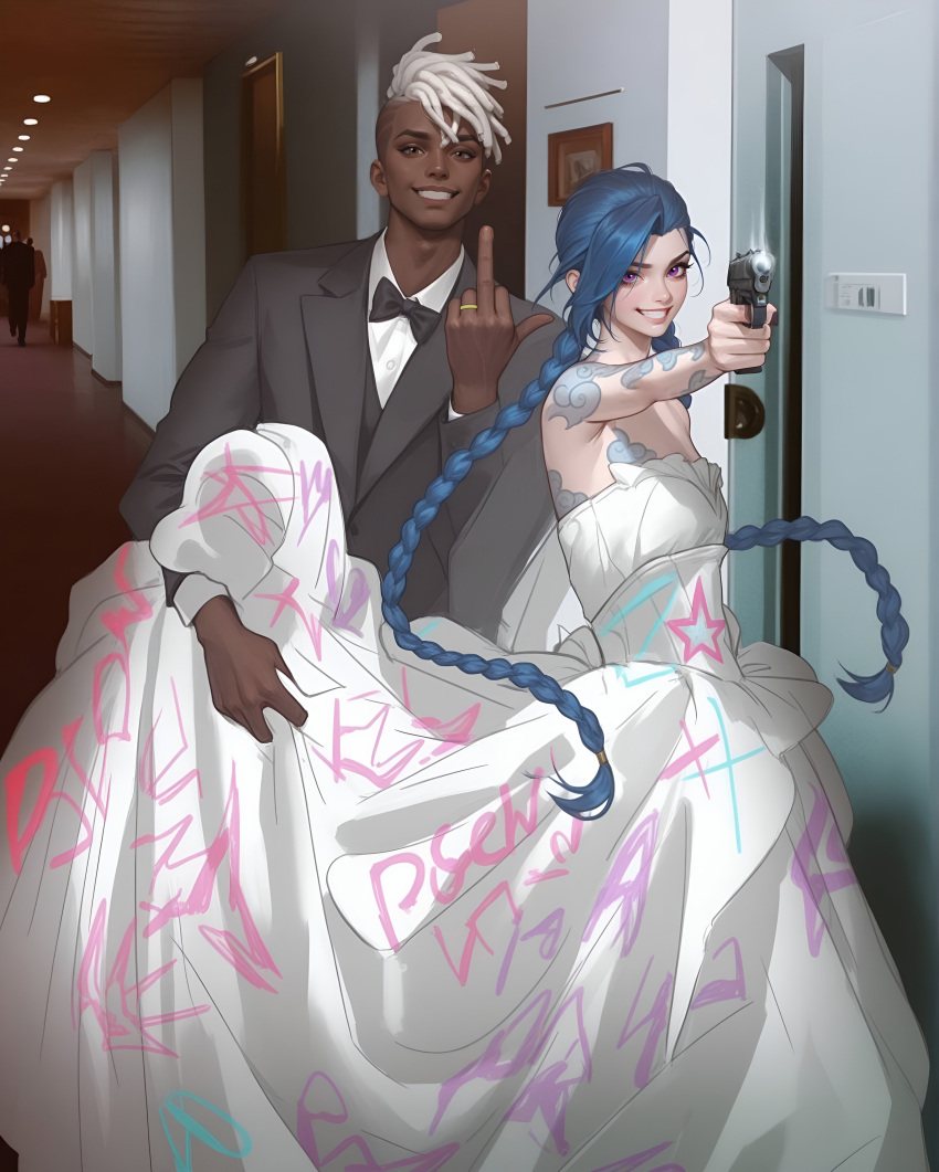 ai-generated, arcane:_league_of_legends, artist_request, blue_hair, brown_eyes, couple, dark-skinned_male, dreadlocks, ekko_(league_of_legends), gun, jinx_(league_of_legends), league_of_legends, looking_at_viewer, married, middle_finger, mohawk, pointing_at_viewer, ring, smile, smiling, tagme, tattoo, tattoo_on_arm, tuxedo, violet_eyes, wedding_dress, wedding_photo, white_hair