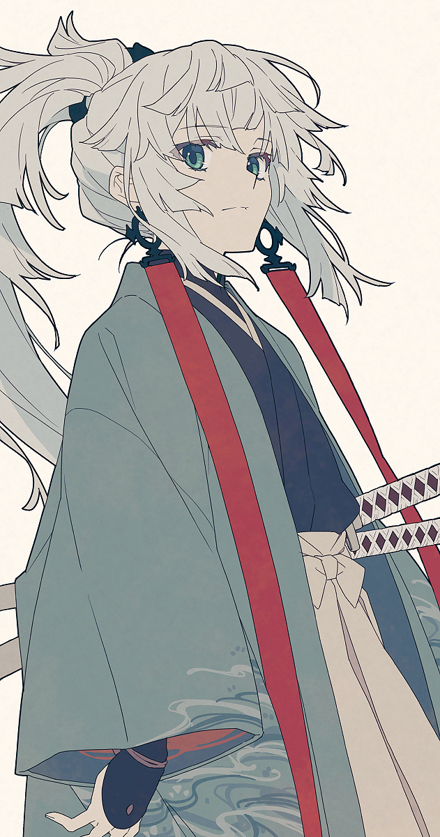 1girl, black_kimono, breasts, earrings, fate/samurai_remnant, fate_(series), green_eyes, green_kimono