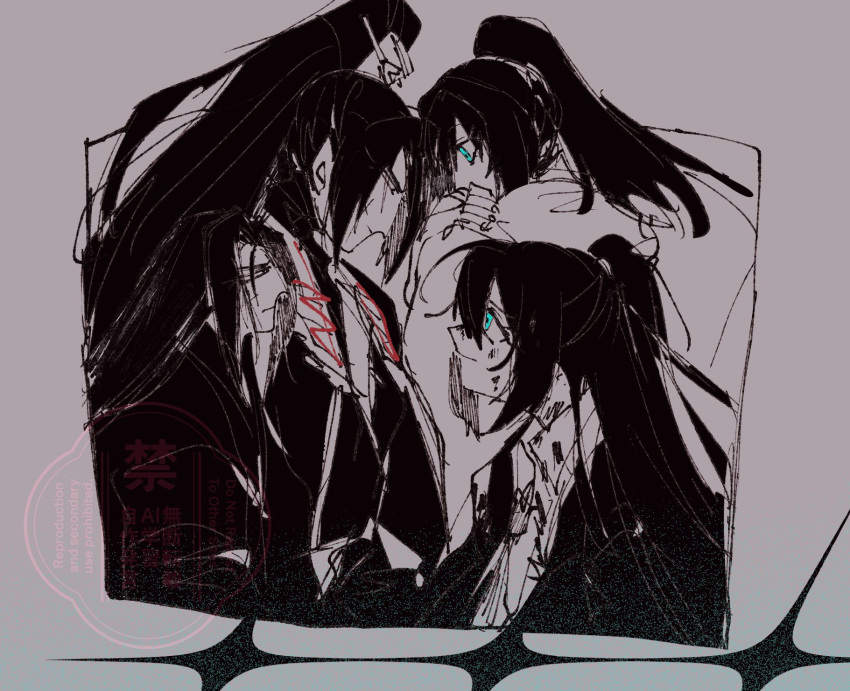 1004_meee, 2boys, age_comparison, black_eyes, black_hair, black_hanfu, black_robe, black_suit
