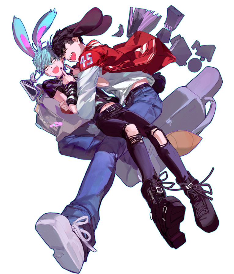 2boys, 356migoro, alien_stage, animal_ears, belt, black_arm_warmers, black_belt, black_boots