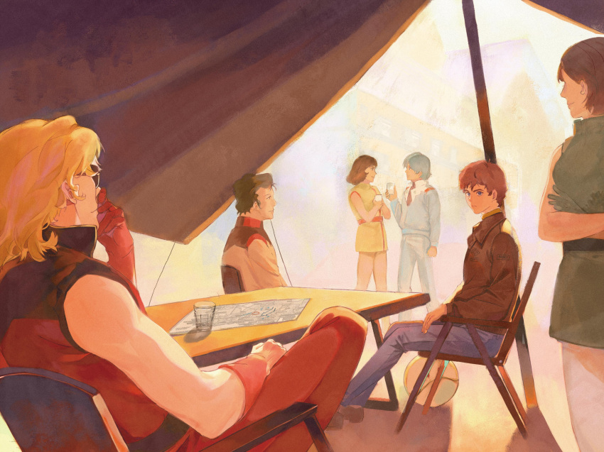 2girls, 4boys, absurdres, amuro_ray, black_hair, blonde_hair, blue_eyes, blue_hair, blue_jumpsuit, blue_pants, bright_noa, brown_hair, brown_jacket, chair, commentary, crossed_arms, cup, denim, dress, drinking_glass, earth_federation, emma_sheen, fa_yuiry, gloves, green_dress, green_gloves, gundam, haro, highres, holding, holding_cup, jacket, jeans, jumpsuit, kamille_bidan, long_sleeves, looking_at_another, map, military_uniform, multiple_boys, multiple_girls, netube, non-humanoid_robot, pants, pantyhose, quattro_bajeena, red_gloves, red_jacket, red_pants, robot, short_hair, sitting, sleeveless, sleeveless_dress, sleeveless_jacket, standing, sunglasses, table, yellow_dress, zeta_gundam